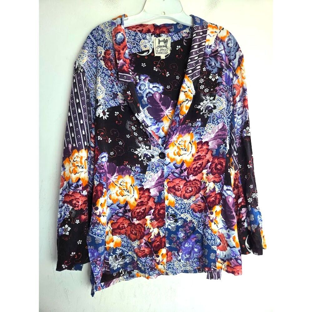 JAASE Women Blue Black Red Floral Print Boho Fairy Goth Blazer size Medium
